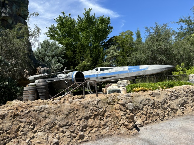 A blue and white starfighter spacecraft displayed on rocky terrain at Star Wars: Galaxy's Edge with trees visible behind it