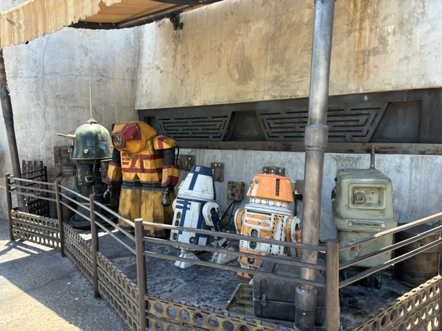 Droid characters including R2-D2 and BB-8 units displayed in an outdoor enclosure with metal railings and concrete walls