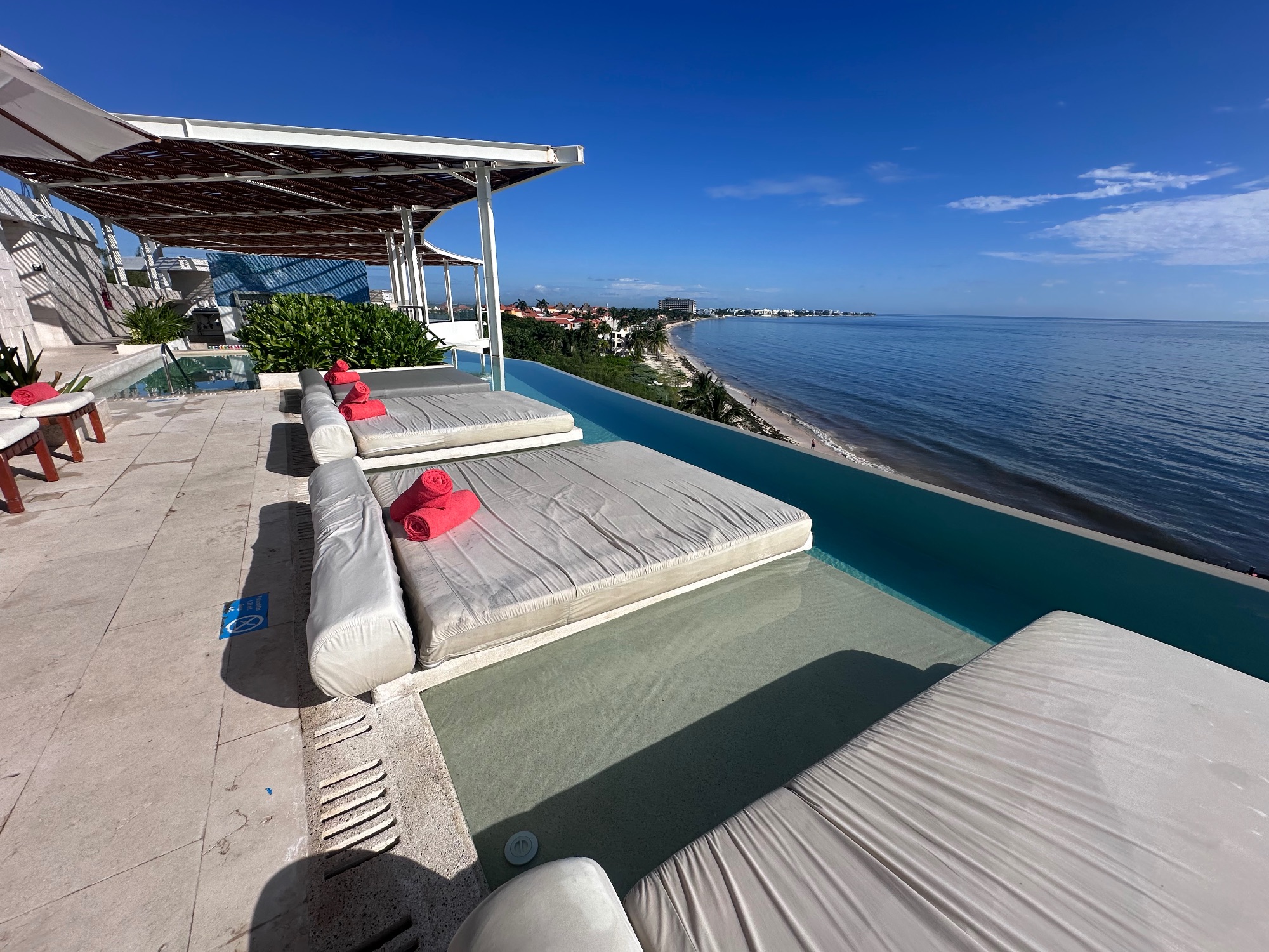 Beachfront infinity pool overlooking ocean with lounge beds, palm trees, and coastal landscape at sunset