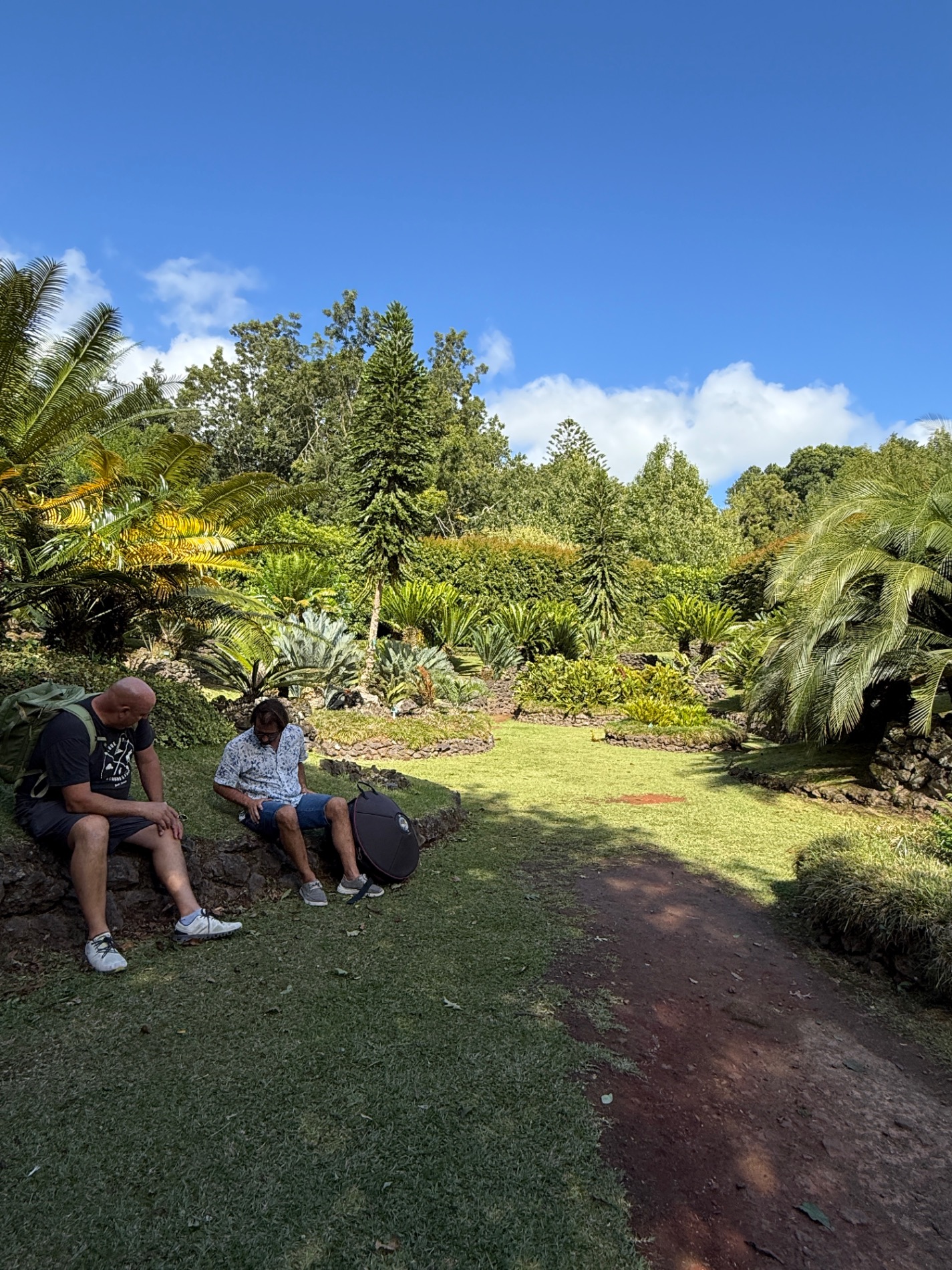 Tourists stand in a lush garden with large banana plants, red flowers, and white flowering shrubs under green foliage