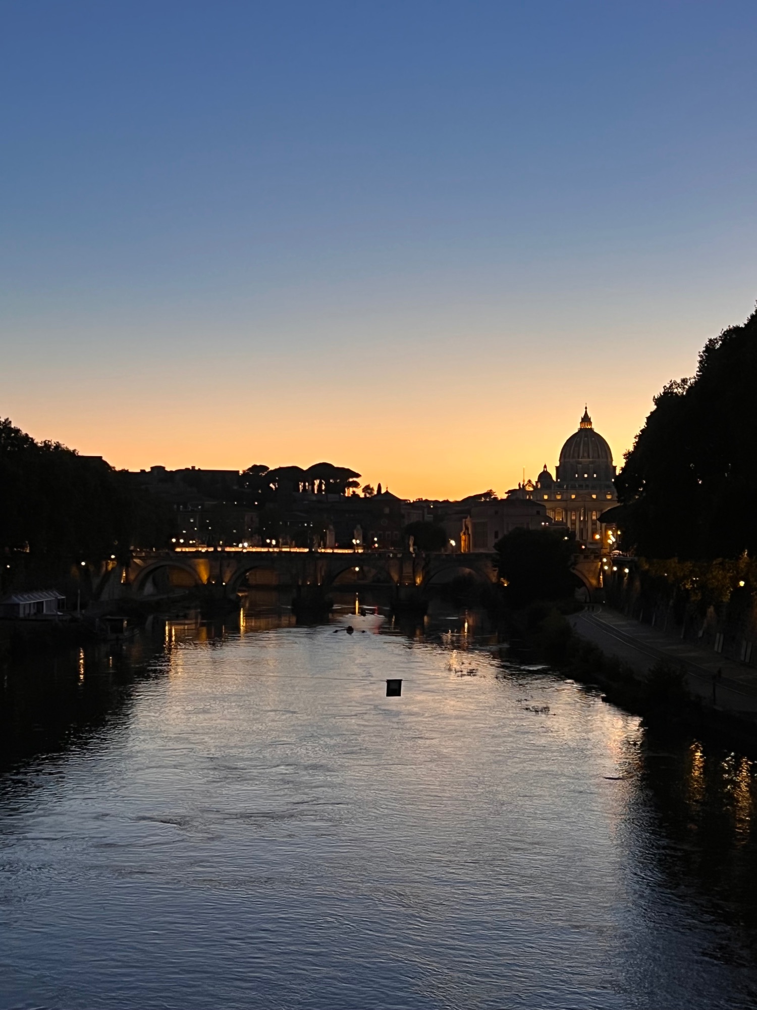 Tiber River at dusk with illuminated bridges, trees, and St. Peter's Basilica dome glowing on the horizon in Rome