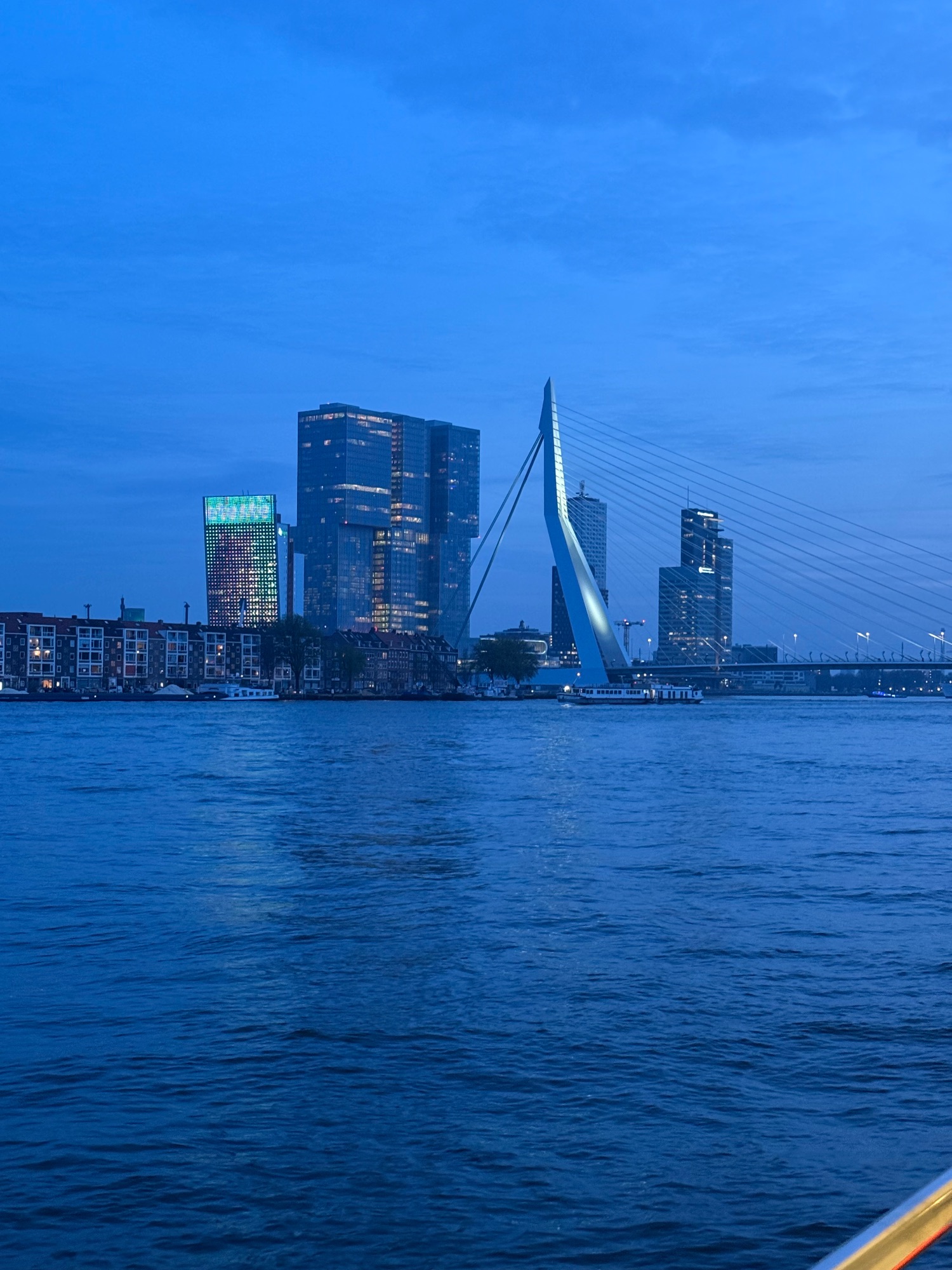 Erasmus Bridge illuminated at twilight in Rotterdam, with modern buildings and the Maas river