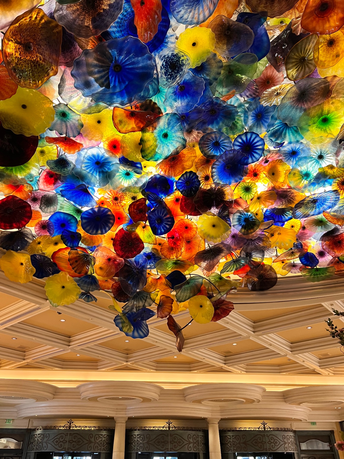Colorful glass flower ceiling installation with blue, yellow, red and orange blooms backlit in warm tones