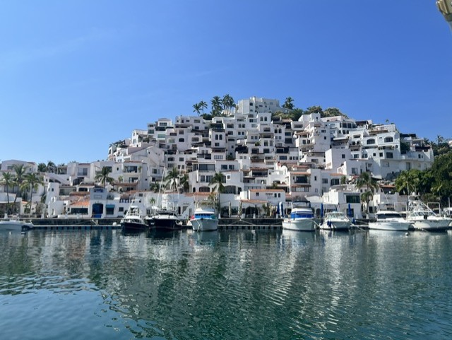 White hillside buildings cascade down a slope above boats moored in Manzanillo's harbor