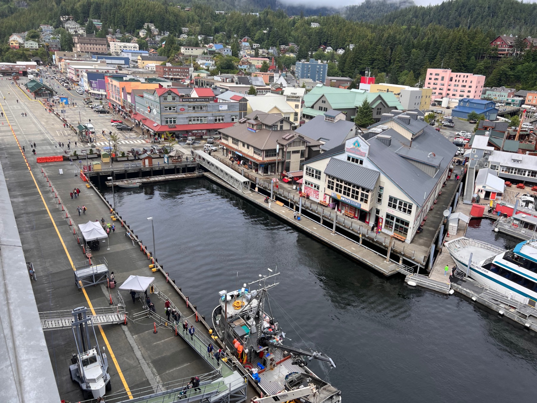 Aerial view of Juneau waterfront with cruise ship, docks, and forested mountains