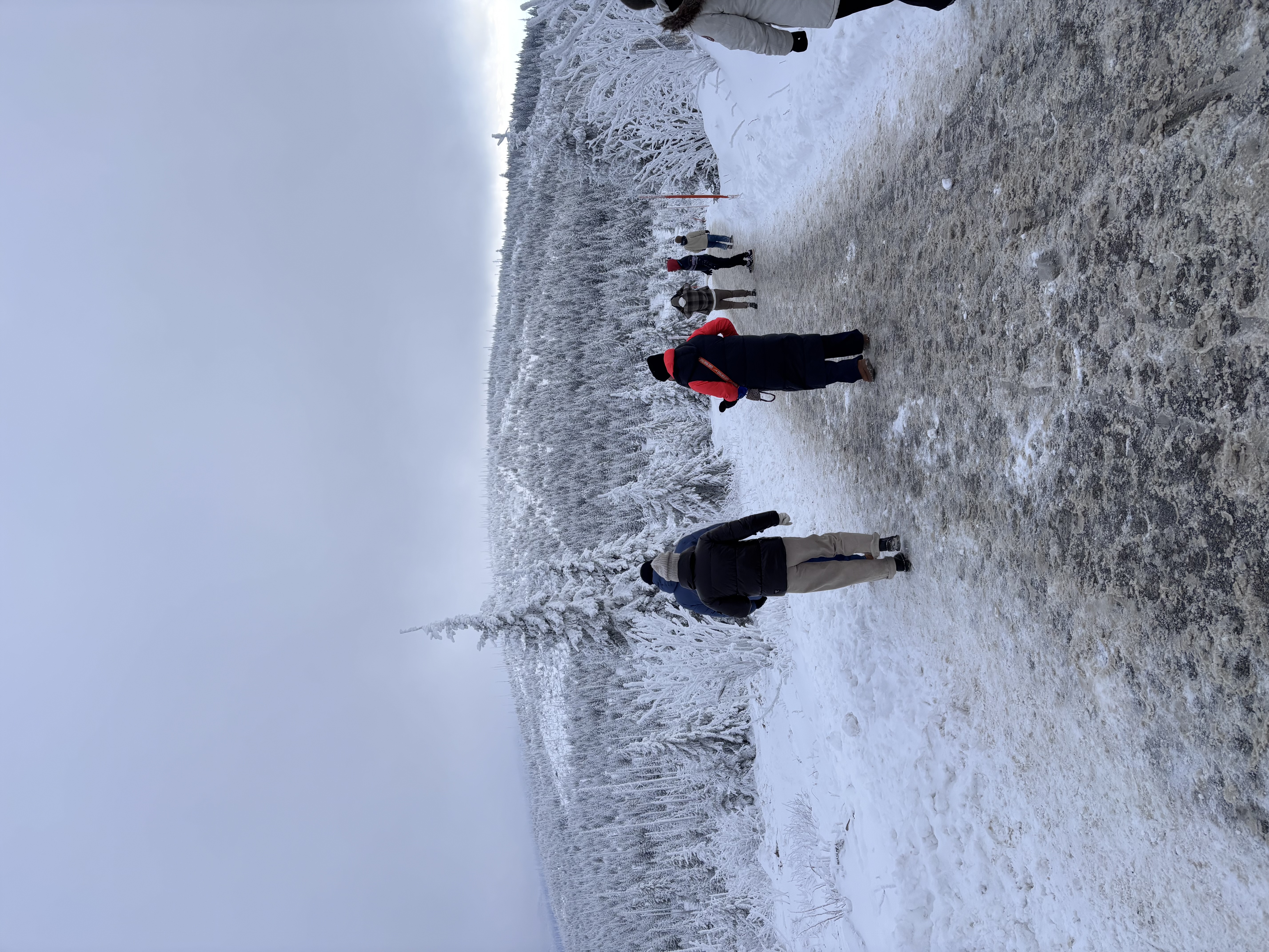 Large heart-shaped monument with group of people posing in front on snowy mountain
