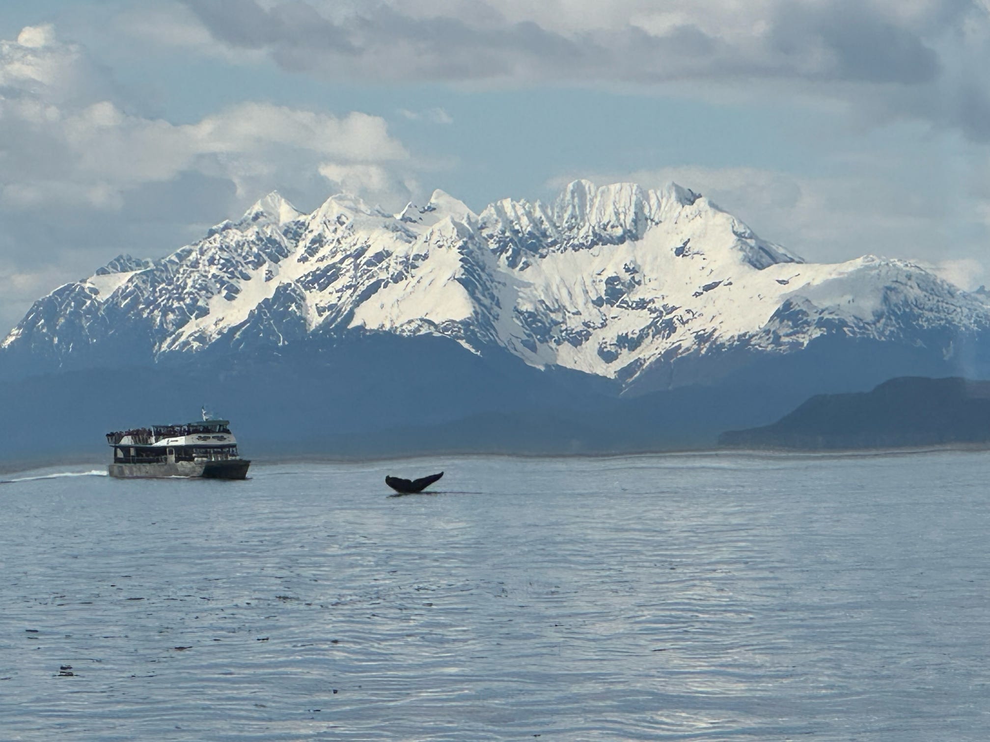 A humpback whale dives near a whale-watching boat against dramatic snow-capped Alaskan peaks.