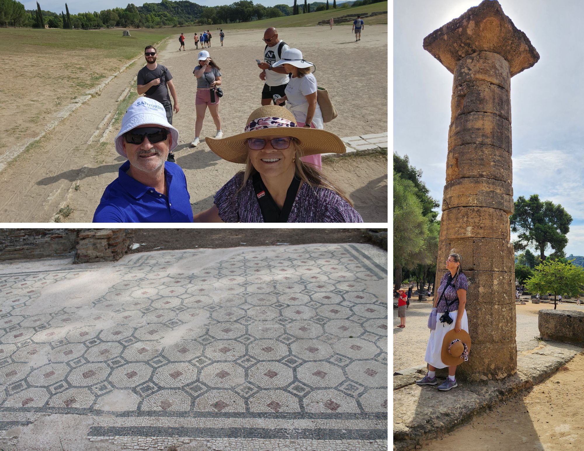 Kimberly McNally-Sheppard and companion stand on the ancient stadium grounds at Olympia with spectators visible in background