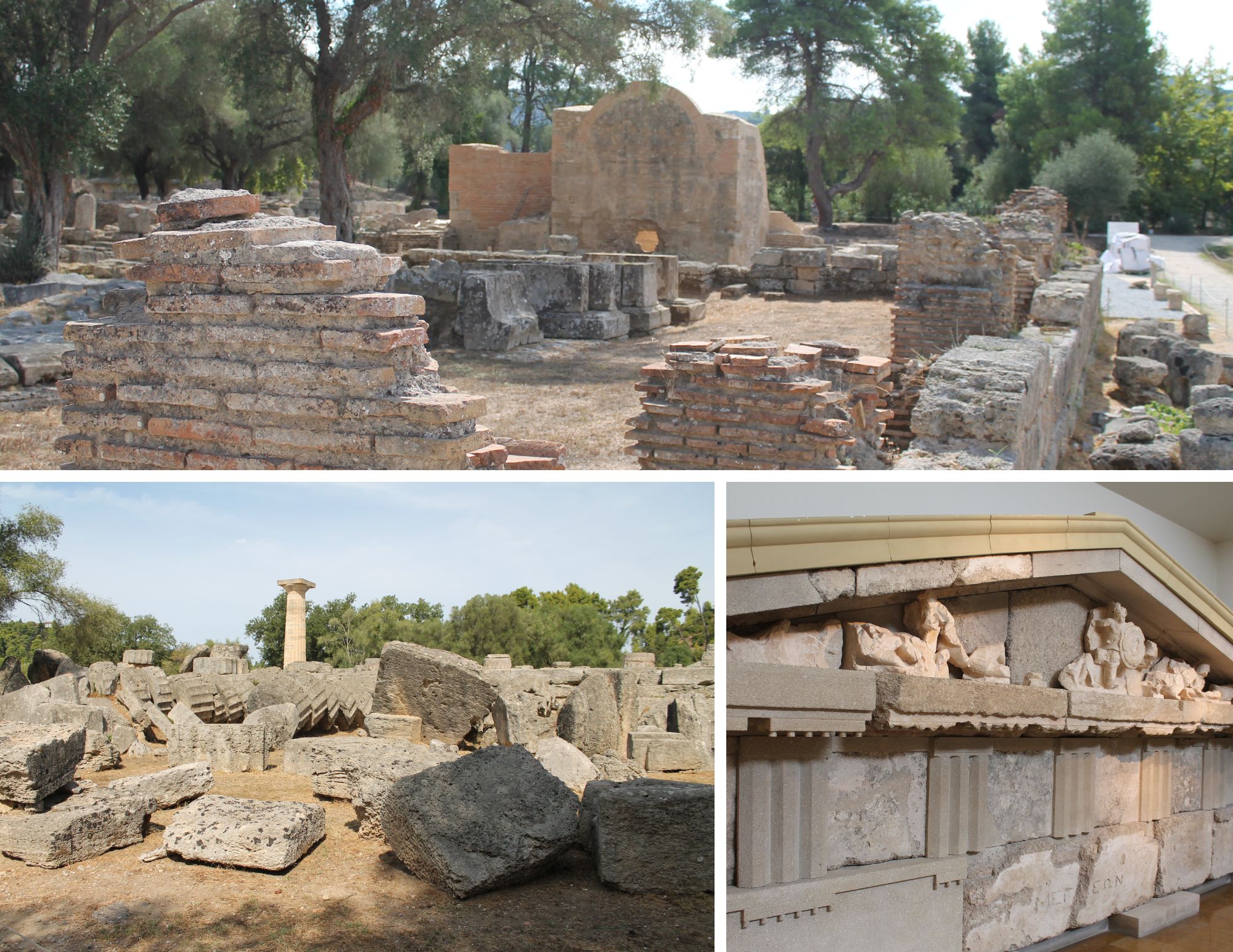 Ruins of ancient Greek structures with stone foundations and walls scattered across a grassy field