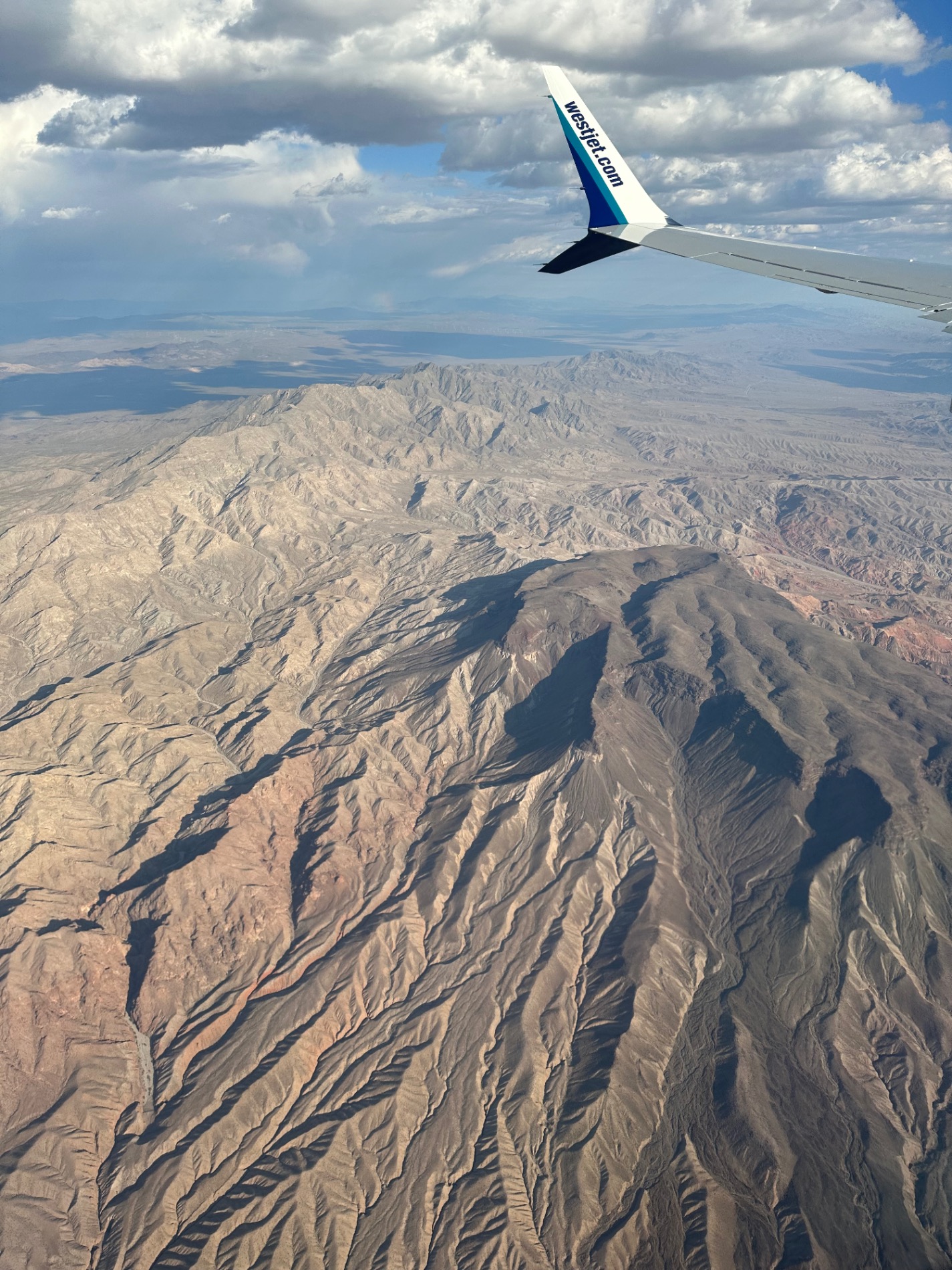 Westjet aircraft wing above arid desert terrain with winding river and layered canyon formations
