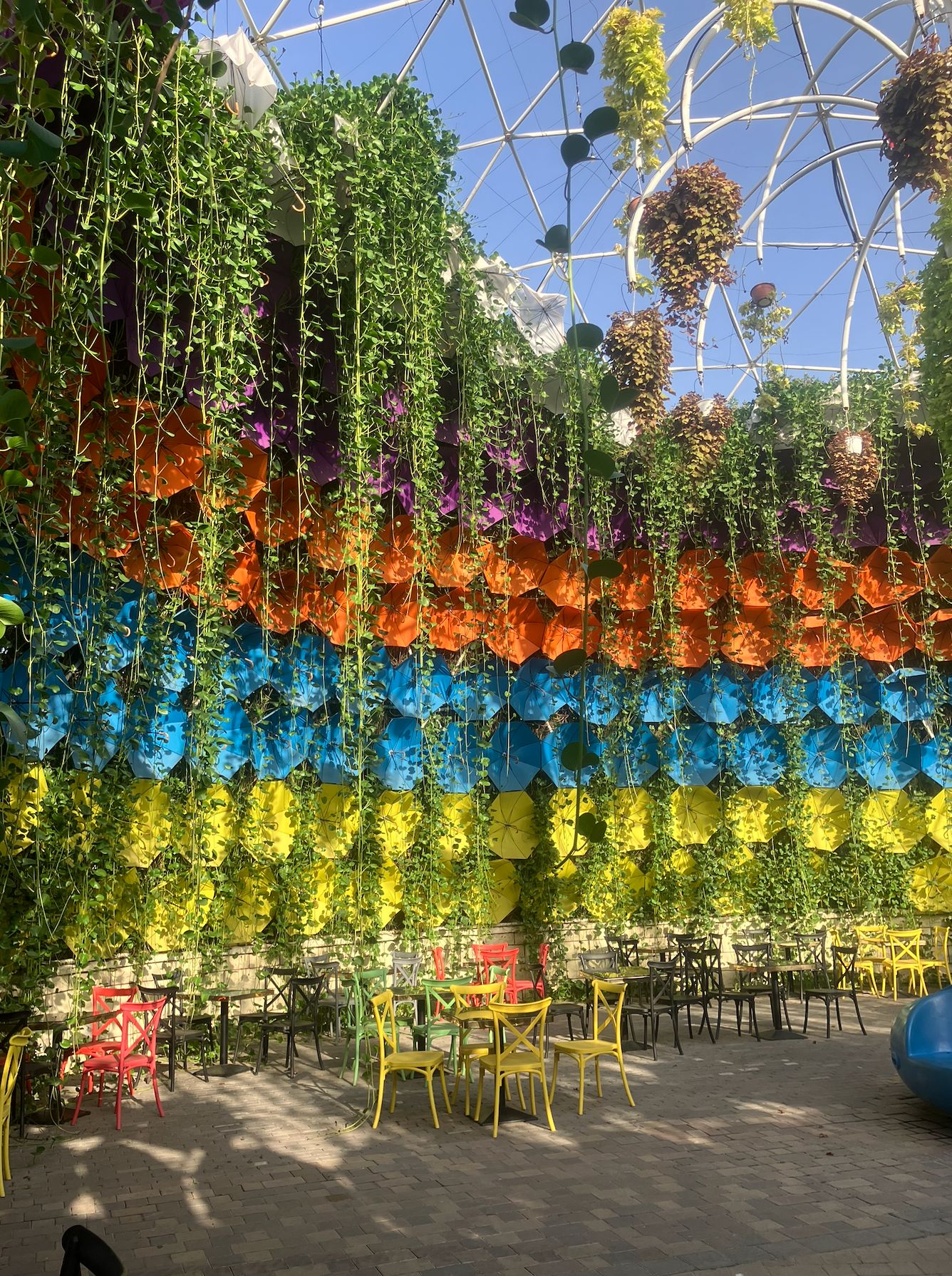 Colorful hanging flowers and vines create a vibrant canopy over an outdoor seating area with yellow and red chairs