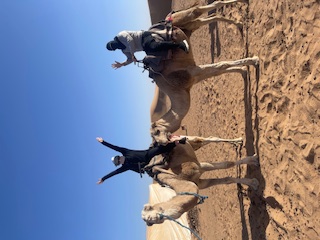 Katherine Friedman poses with arms raised while sitting on a camel in the Sahara Desert