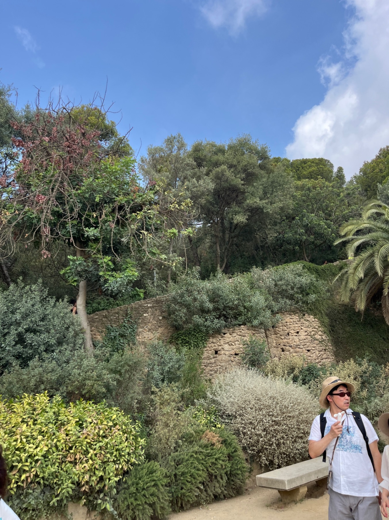 Woman in sunglasses and cross necklace smiling at Park Güell with Gaudí's porter's lodge and city views behind her