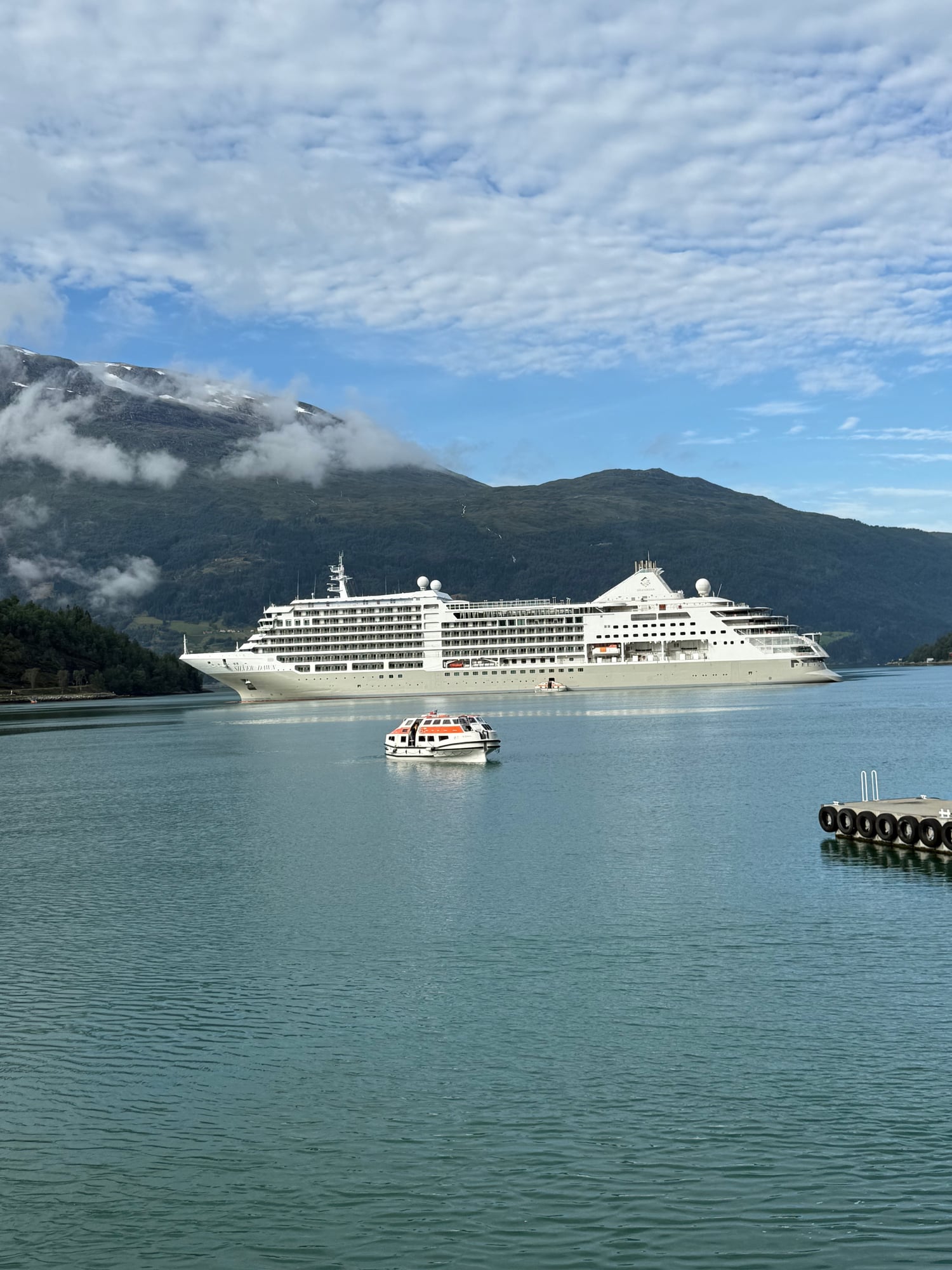 A large white cruise ship anchors in a turquoise fjord with snow-capped mountains and a small tender boat nearby