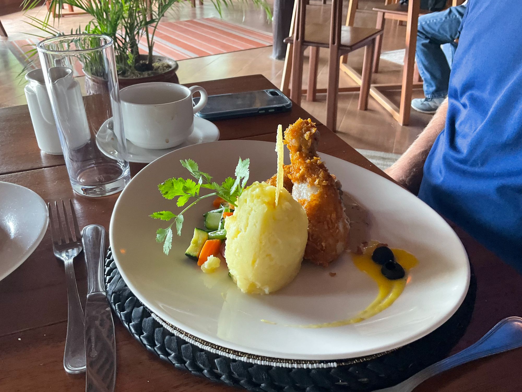 Plated meal with fried meat, mashed potatoes, and vegetables served at Kenya safari lodge restaurant