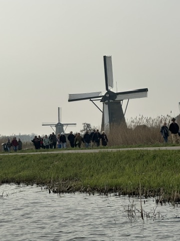Group of visitors standing near traditional Dutch windmills beside a grassy waterside path