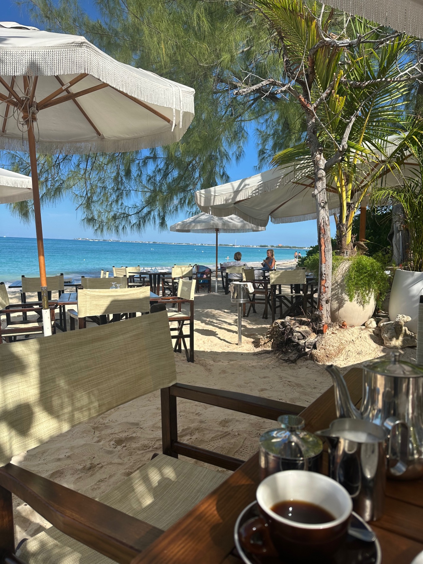 Beachfront restaurant terrace with white umbrellas, palm trees, and turquoise Caribbean water under clear blue sky