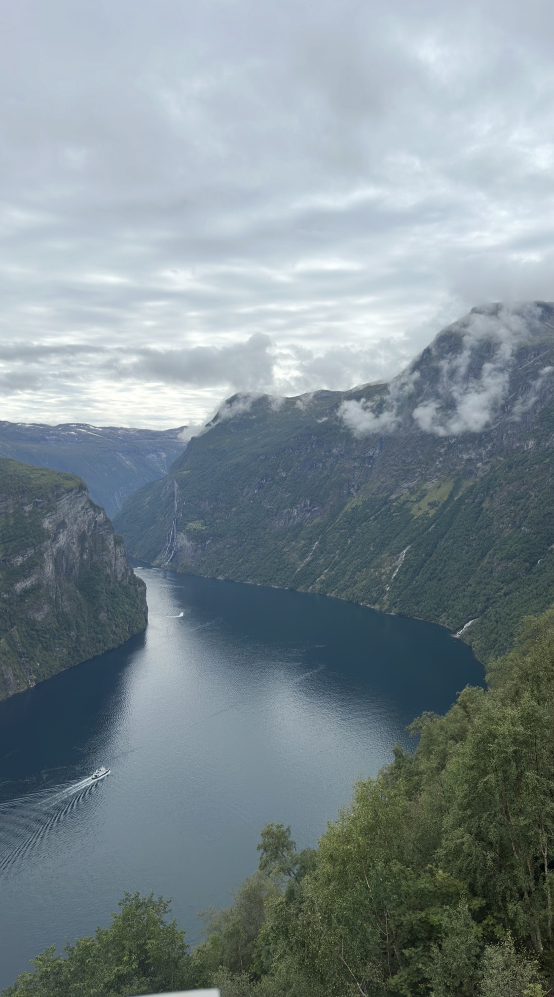 Aerial view of a winding river through a green valley with scattered buildings and dense forest in a Norwegian landscape
