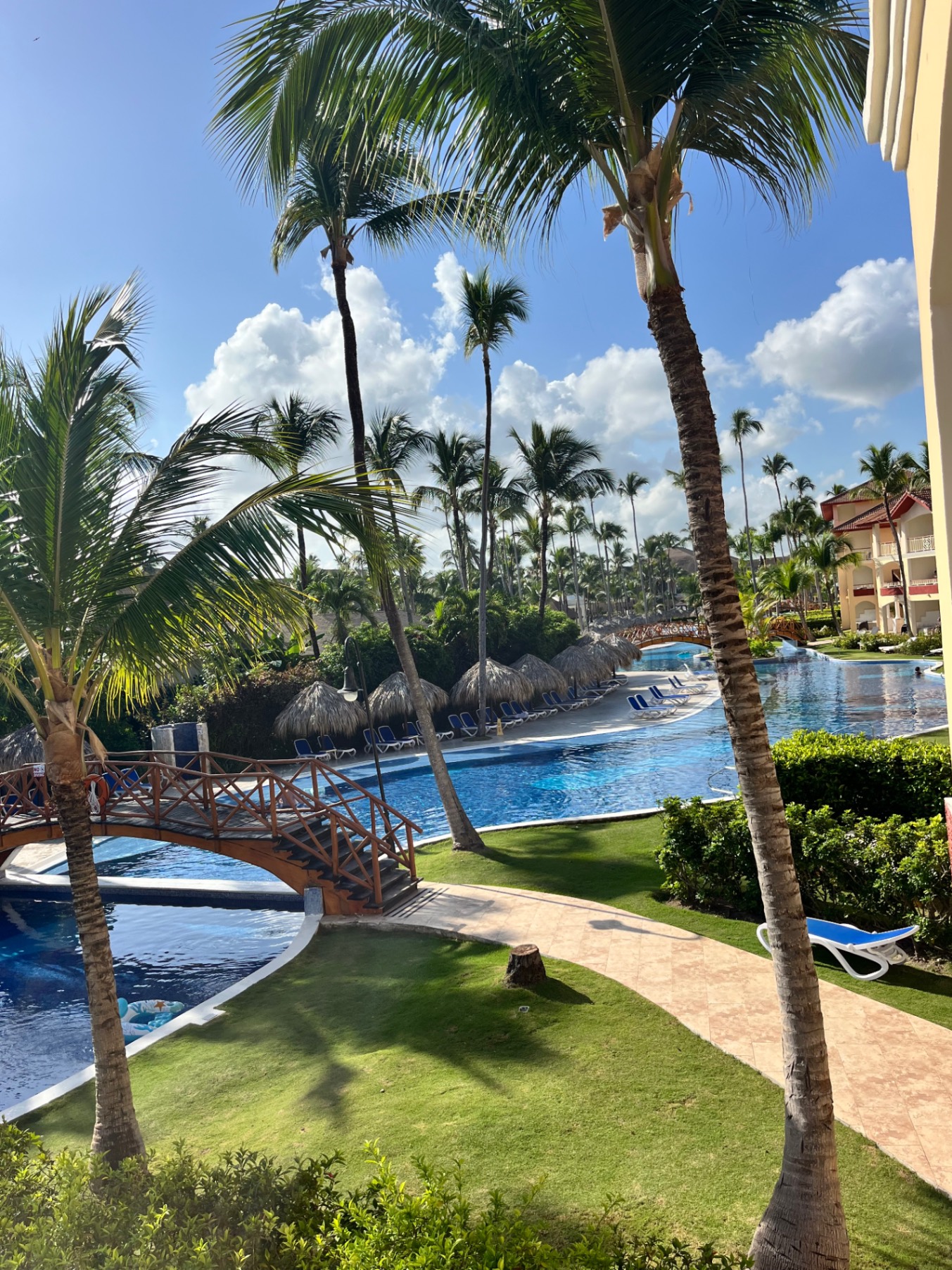 A resort pool area surrounded by palm trees, lounge chairs, and thatched-roof palapas under clear blue sky