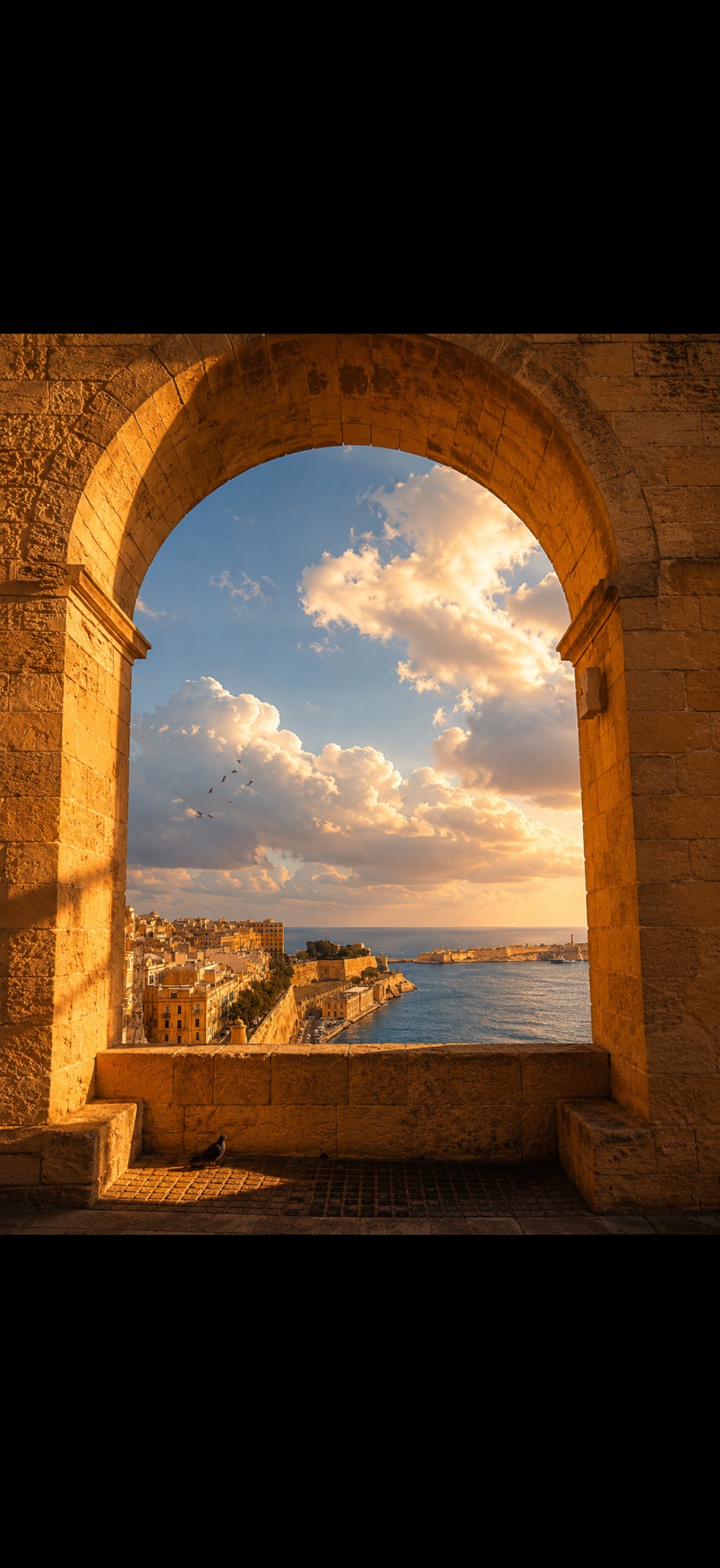 View through a stone archway framing a coastal landscape with sea, distant fortifications, and cloudy sky