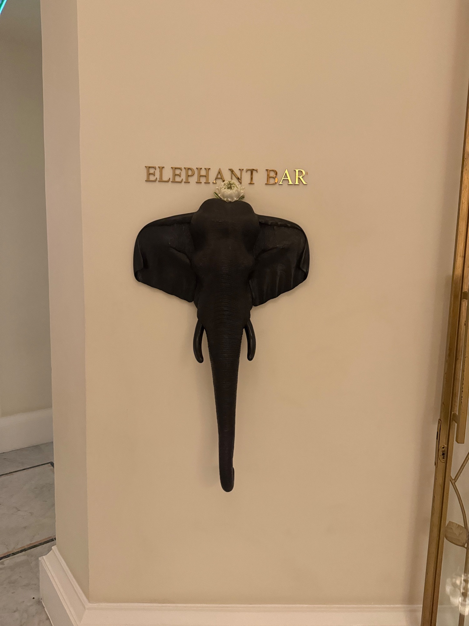Elephant Bar sign with a black sculptural elephant head mounted on a white wall