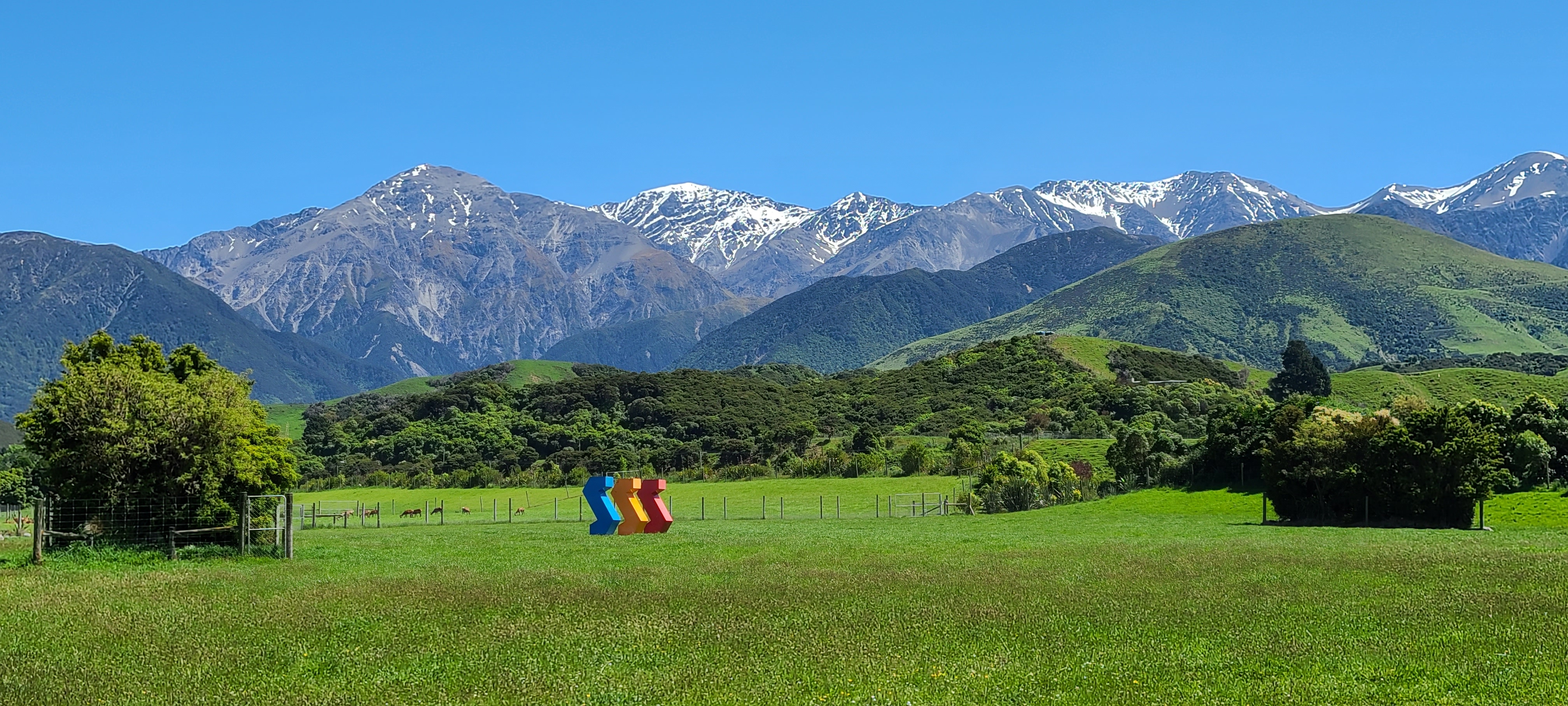 Deborah standing with arms spread wide in a lush valley with snow-capped mountains and green pastures