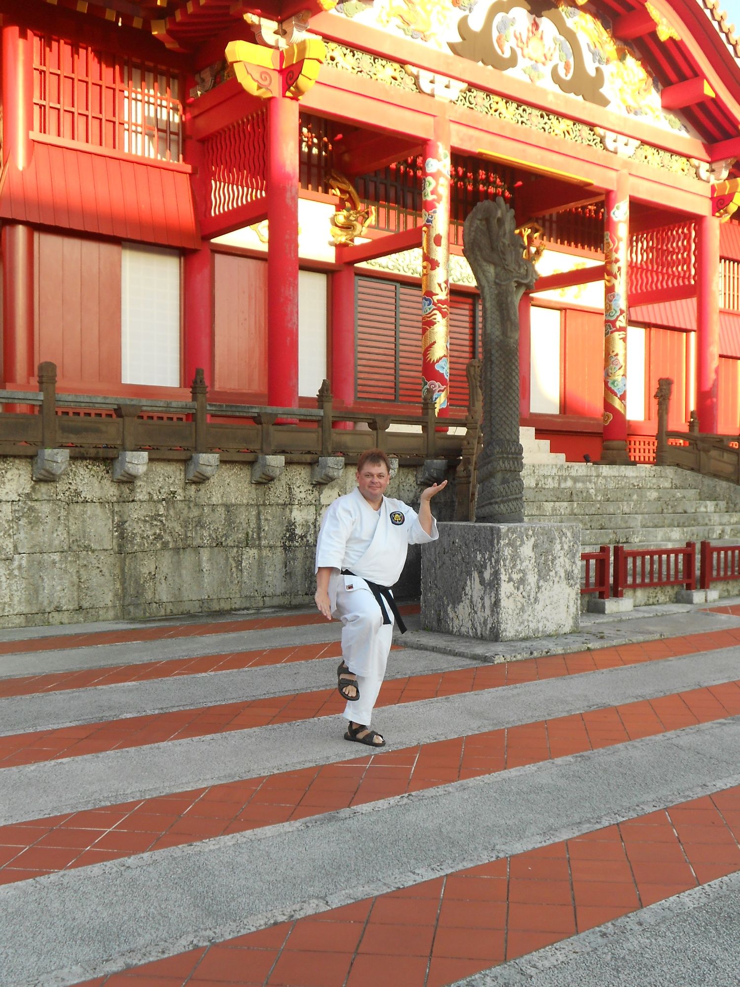 Man in white karate gi and black belt posing in front of a red traditional Japanese temple building