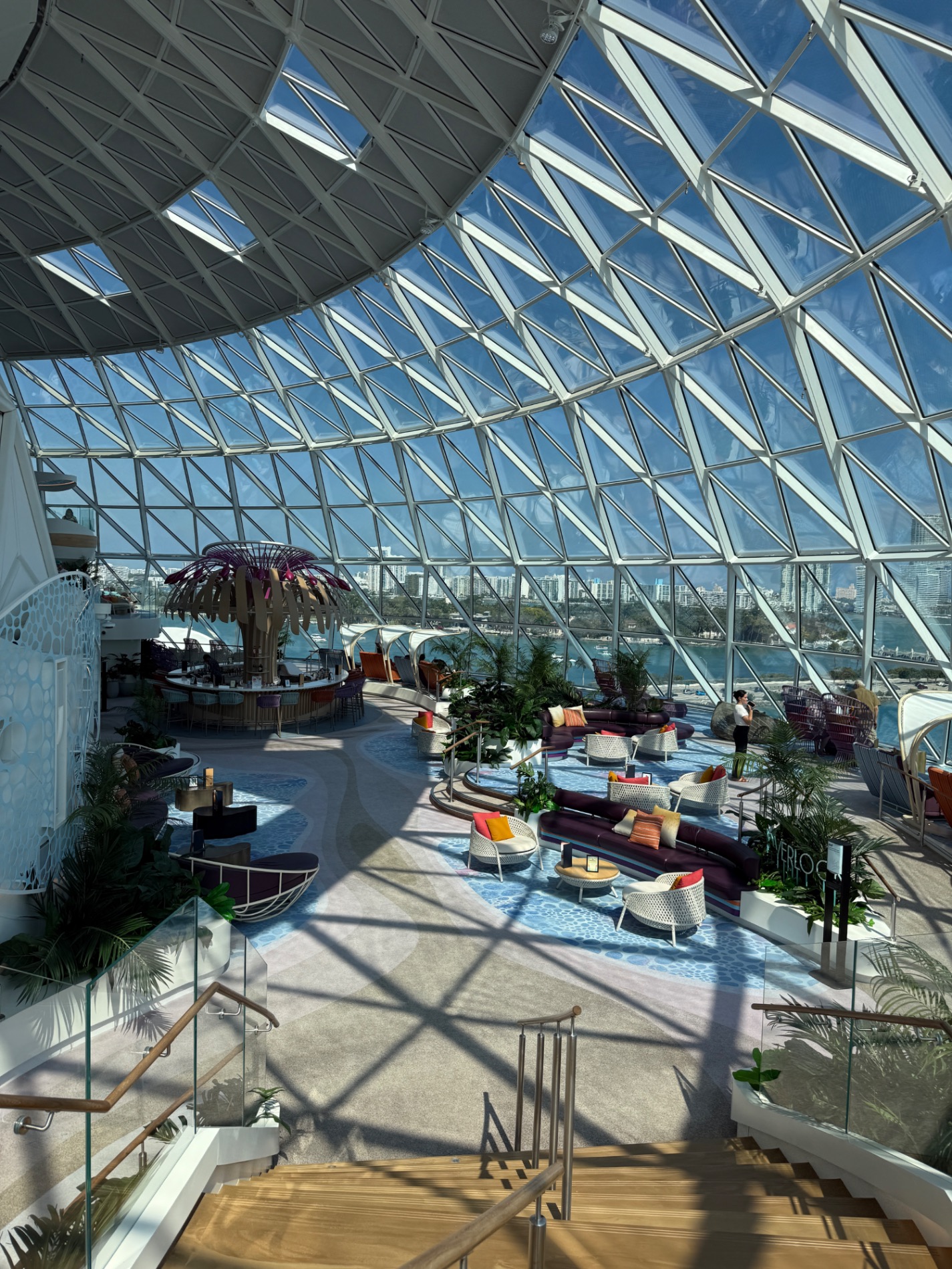 Modern ship interior promenade with colorful storefront signage and tropical plant displays