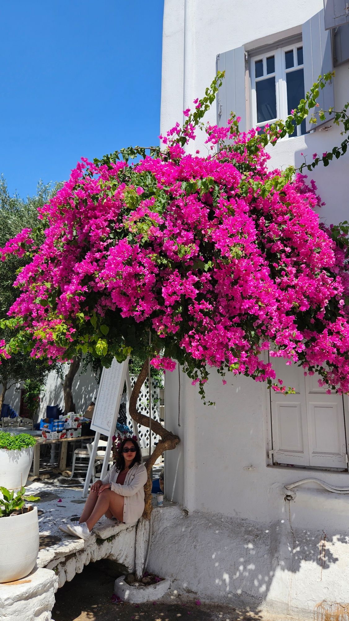 Narrow white-washed alley with blue accents typical of Greek island architecture