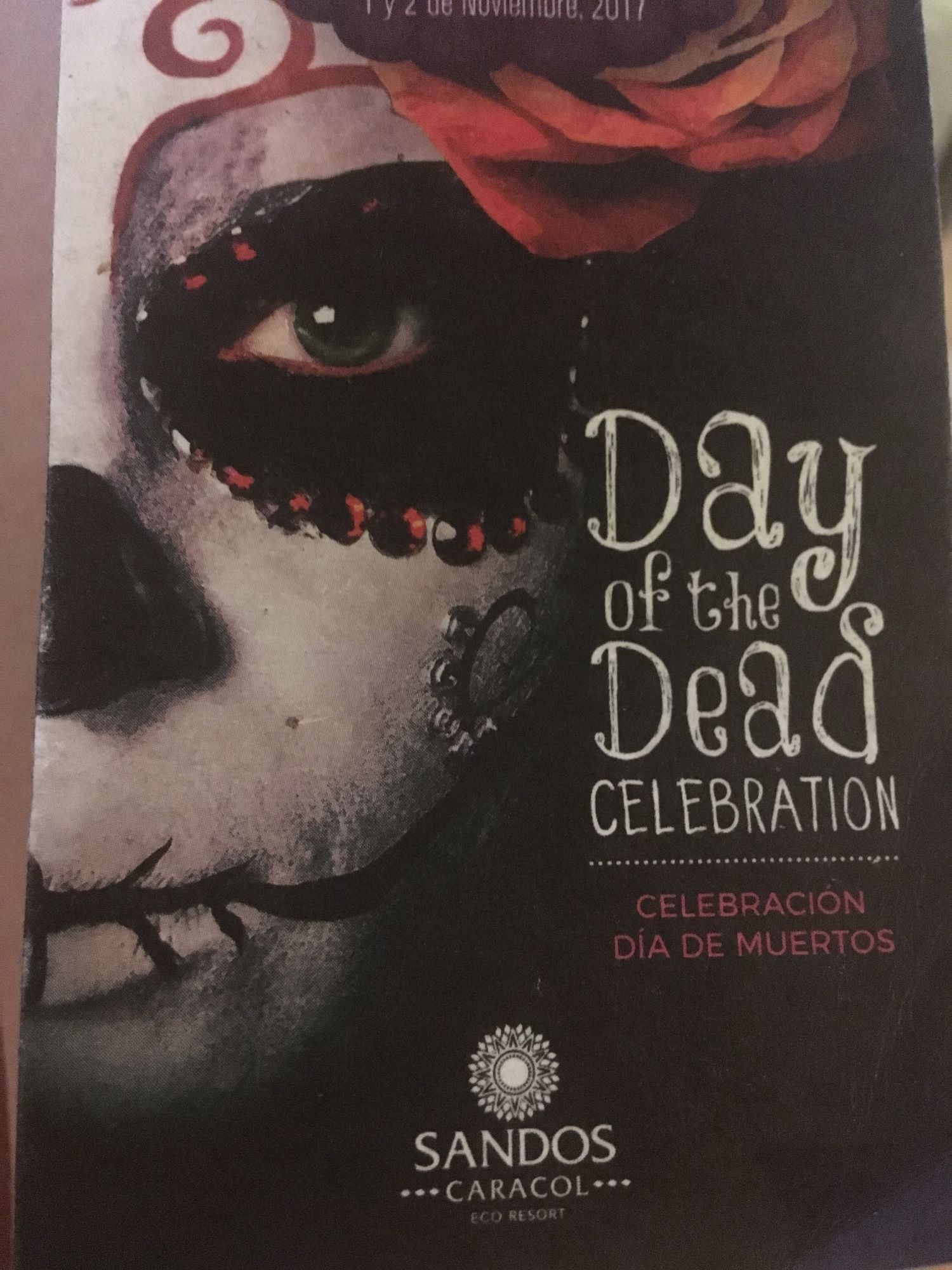 Day of the Dead celebration poster advertising fiesta at Sandos Caracol Eco Resort dated November 1-2, 2017