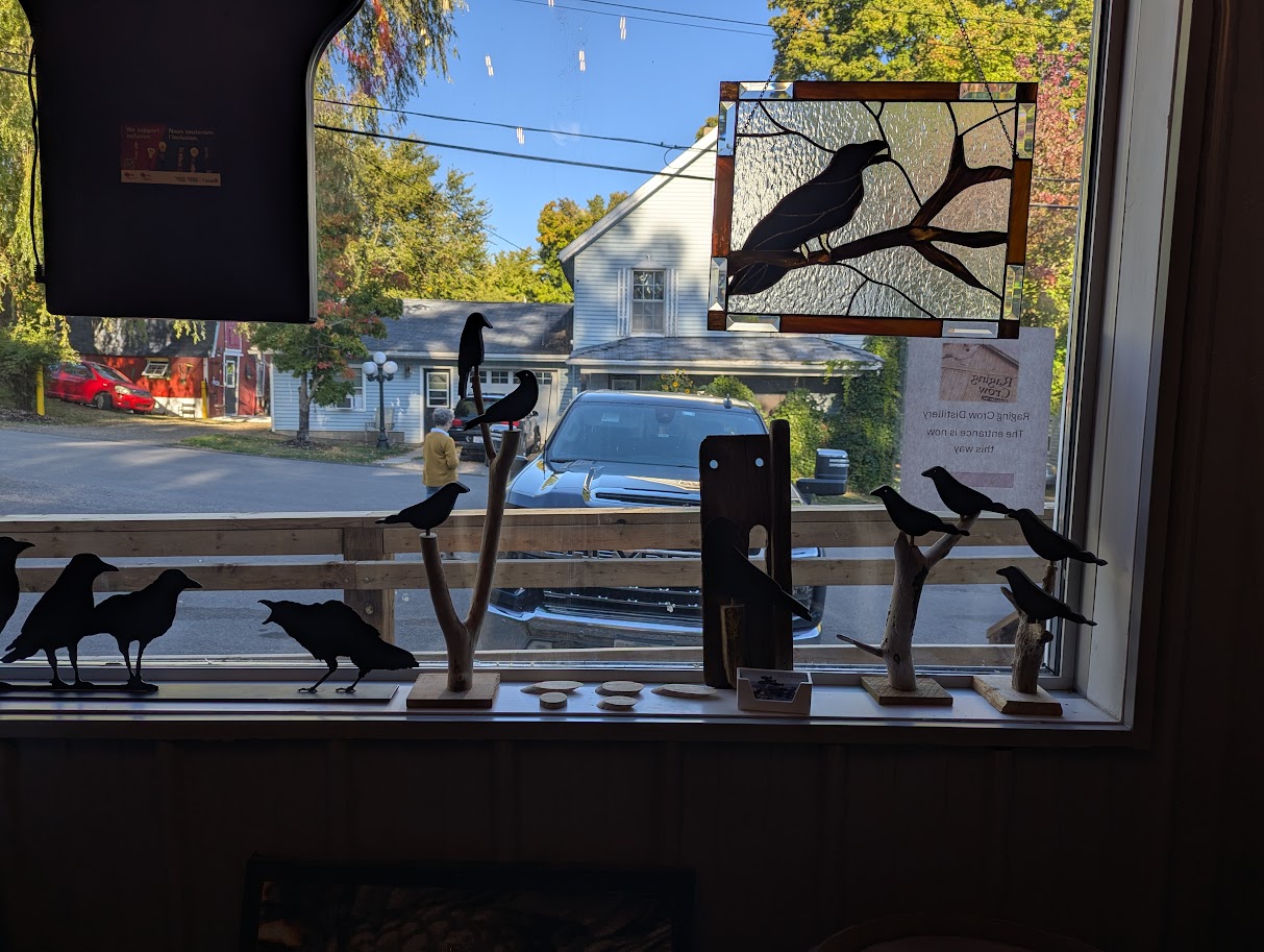 Window display of black bird silhouettes with autumn foliage and houses visible outside