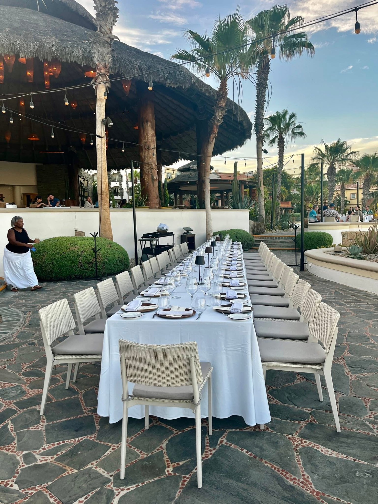 Long white-clothed dining table set under a palapa with palm trees and ocean view