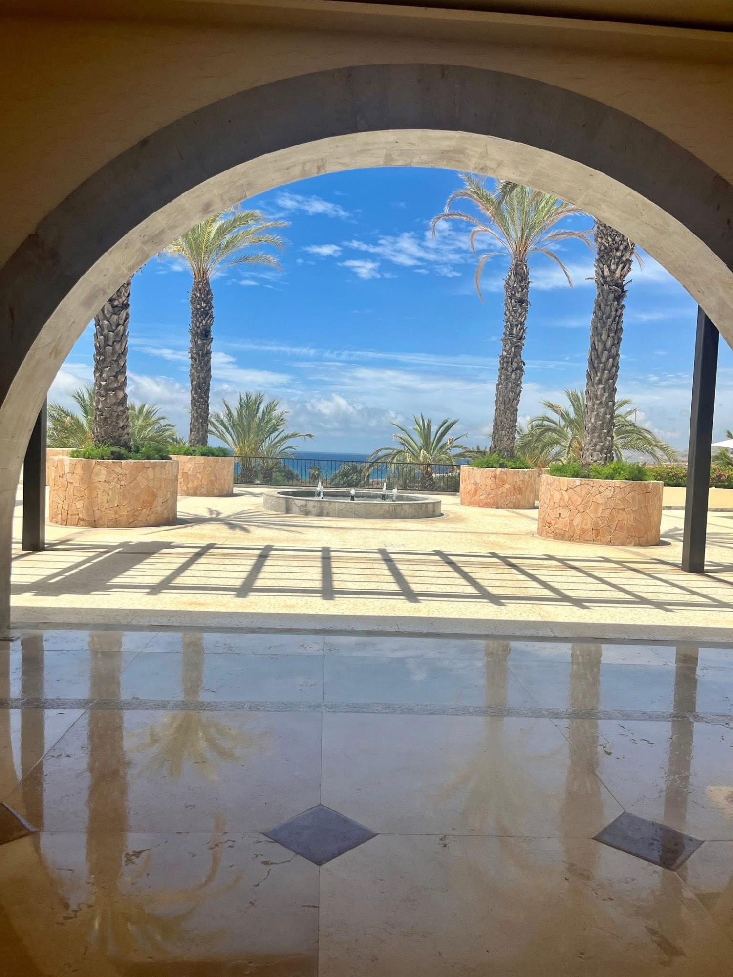 Arched concrete frame framing palm trees and ocean horizon in Los Cabos