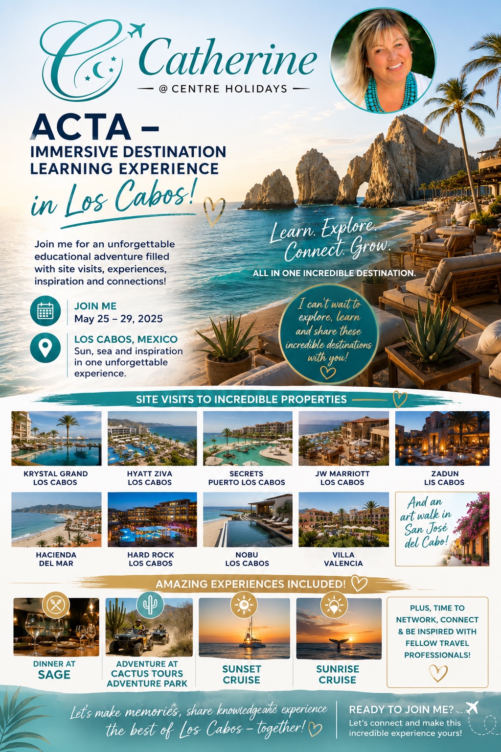 Promotional flyer for Catherine Smith's Los Cabos ACTA destination learning experience May 25-29, 2025