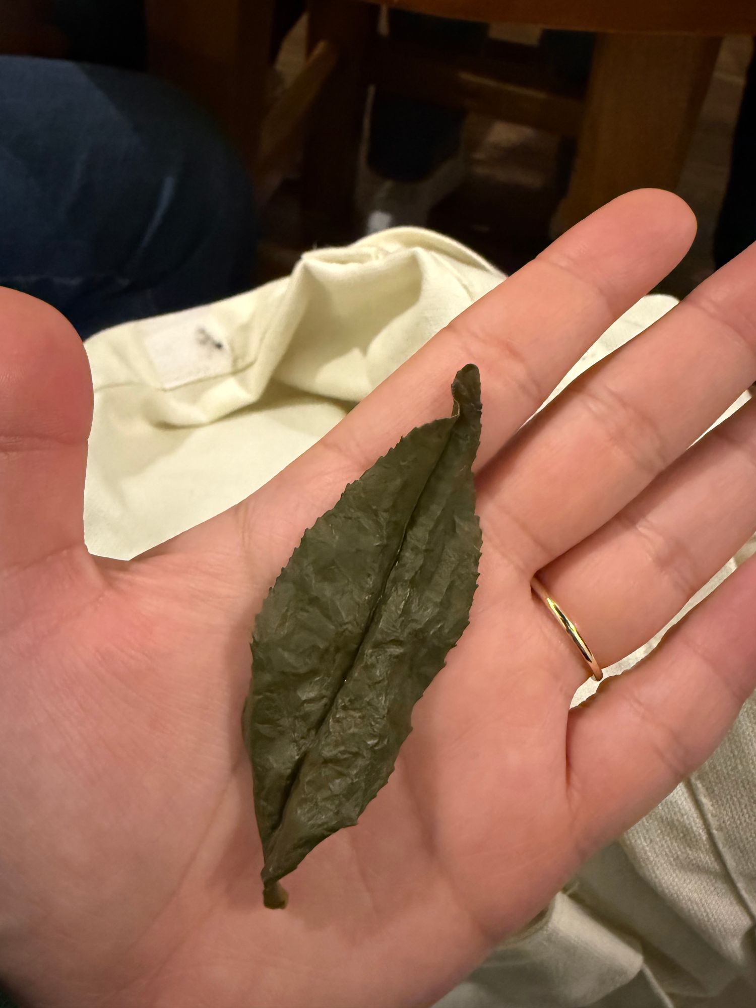 A woman holds a single dried tea leaf in her palm, displaying the raw material used in tea production