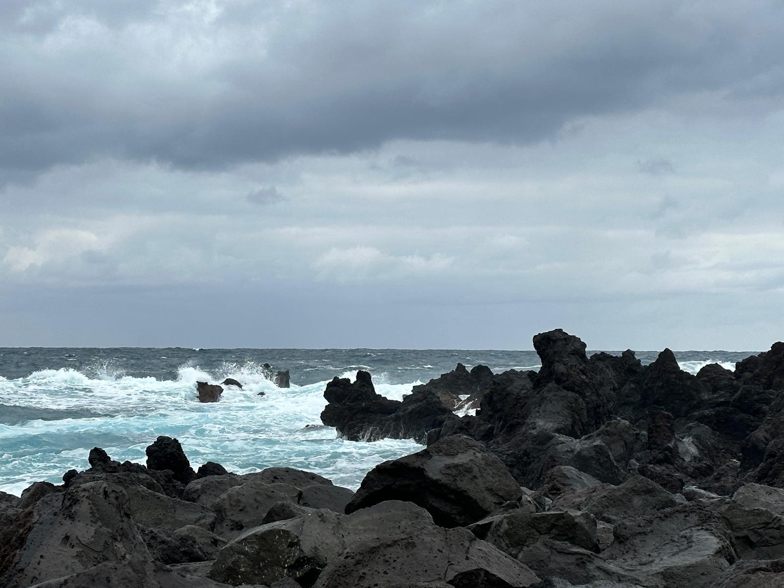 Rocky black lava formations meeting turquoise waves on an Azores coastline under overcast skies