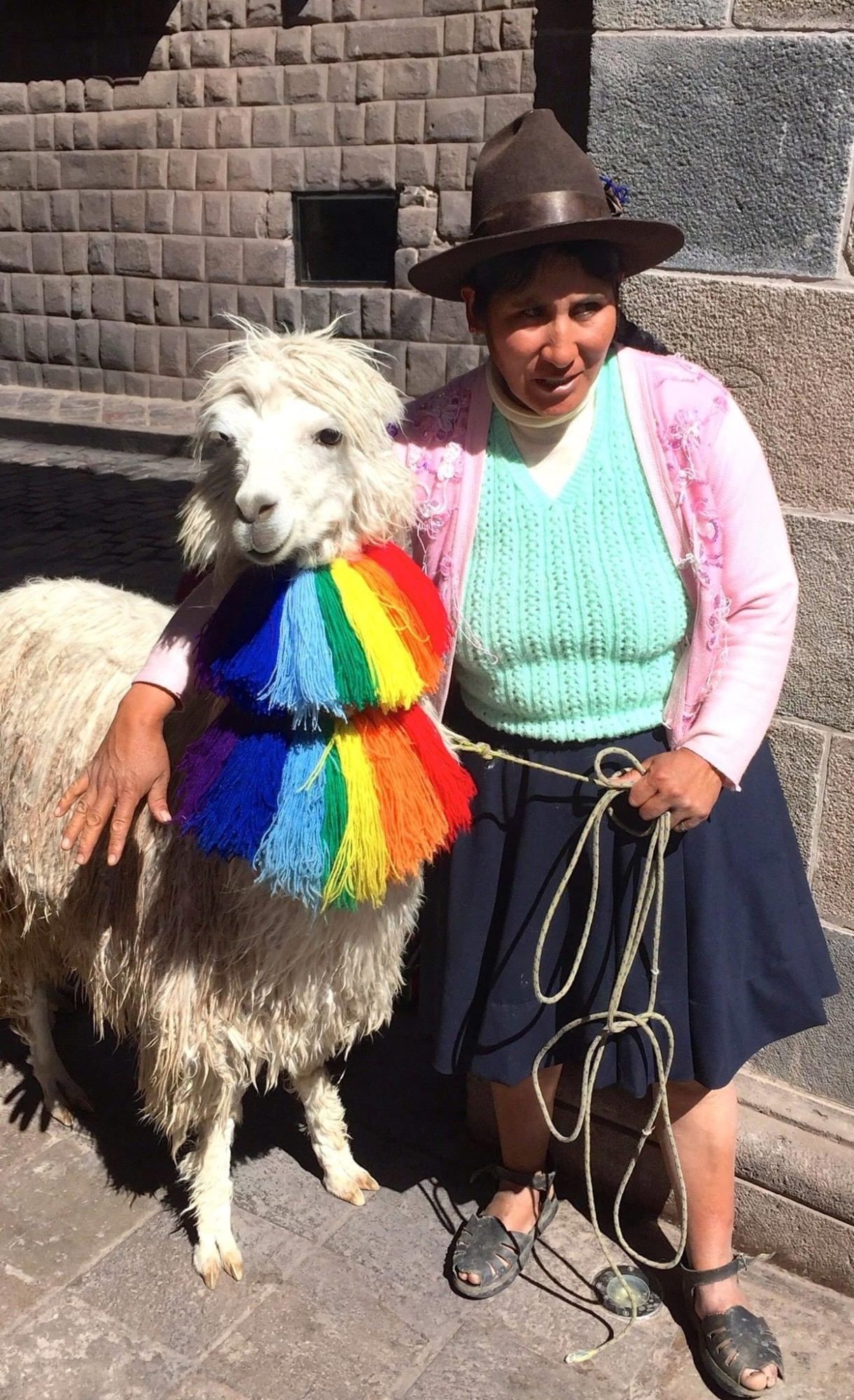 Tannis Dyrland poses with a white llama wearing a colorful rainbow blanket in front of stone Incan ruins