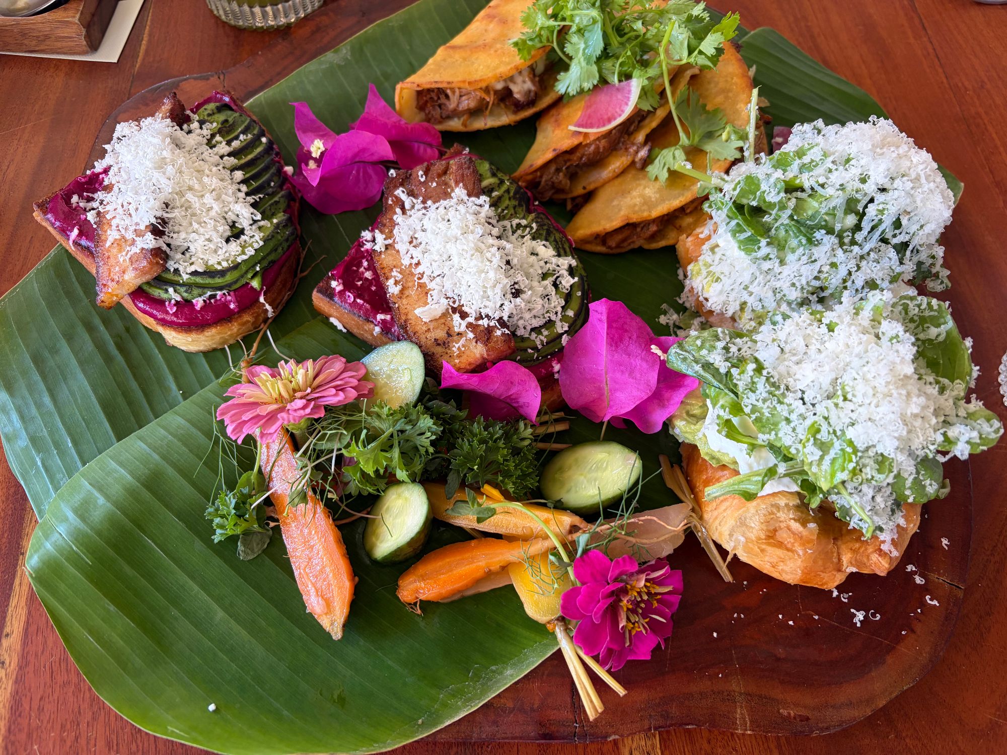 Plated Mexican appetizers on a banana leaf with shredded cheese, fresh cilantro, pink flowers, and roasted vegetables