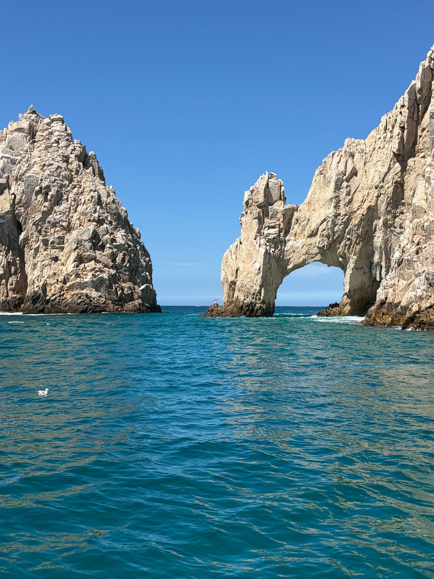 El Arco rock formation in Los Cabos, a natural stone arch rising from turquoise ocean water under clear blue sky