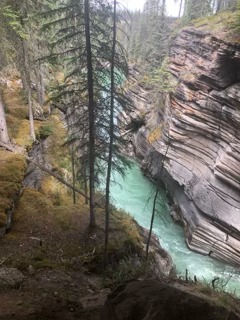 Dramatic turquoise river flowing through a deep canyon with layered rock walls and evergreen trees
