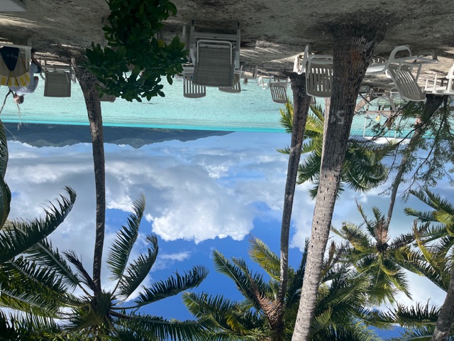 Sandy beach with lounge chairs beneath palm trees overlooking a turquoise lagoon and distant mountains
