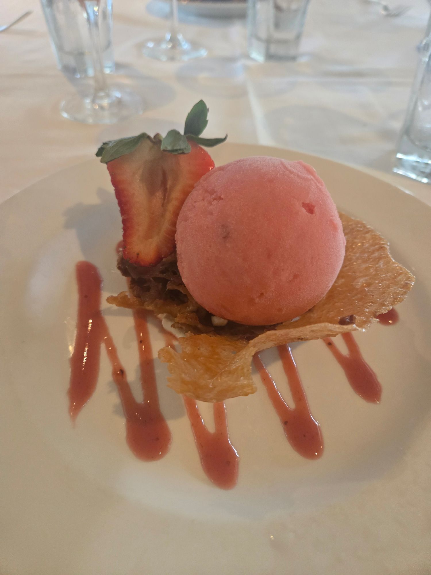 A plated dessert featuring a pink scoop, fresh strawberry, crispy tuile, and red sauce drizzle on a white plate