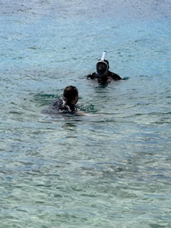 Two people snorkeling in shallow turquoise water off an Aruba beach with rocky formations visible