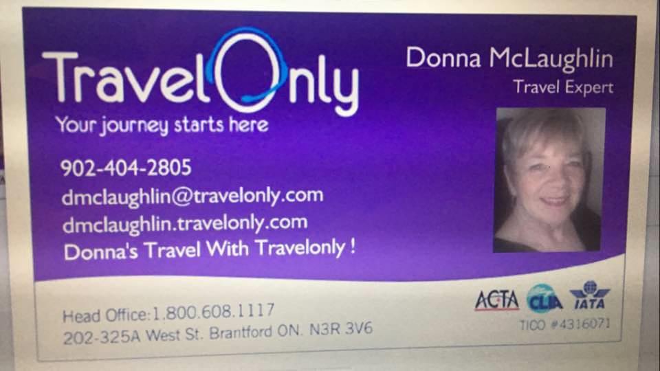 Purple business card for Donna McLaughlin, Travel Expert at TravelOnly, with contact information and headshot photo