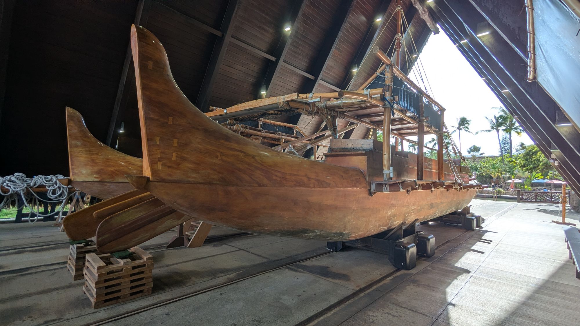 Traditional wooden outrigger canoe displayed indoors under modern architectural structure with palm trees visible