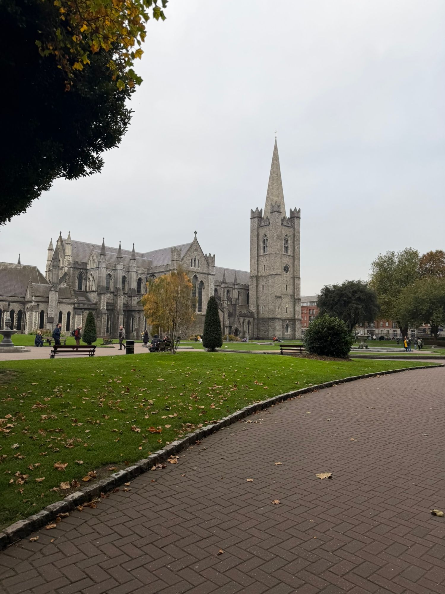 St. Patrick's Cathedral with tall spire and Gothic architecture in Dublin's green park setting