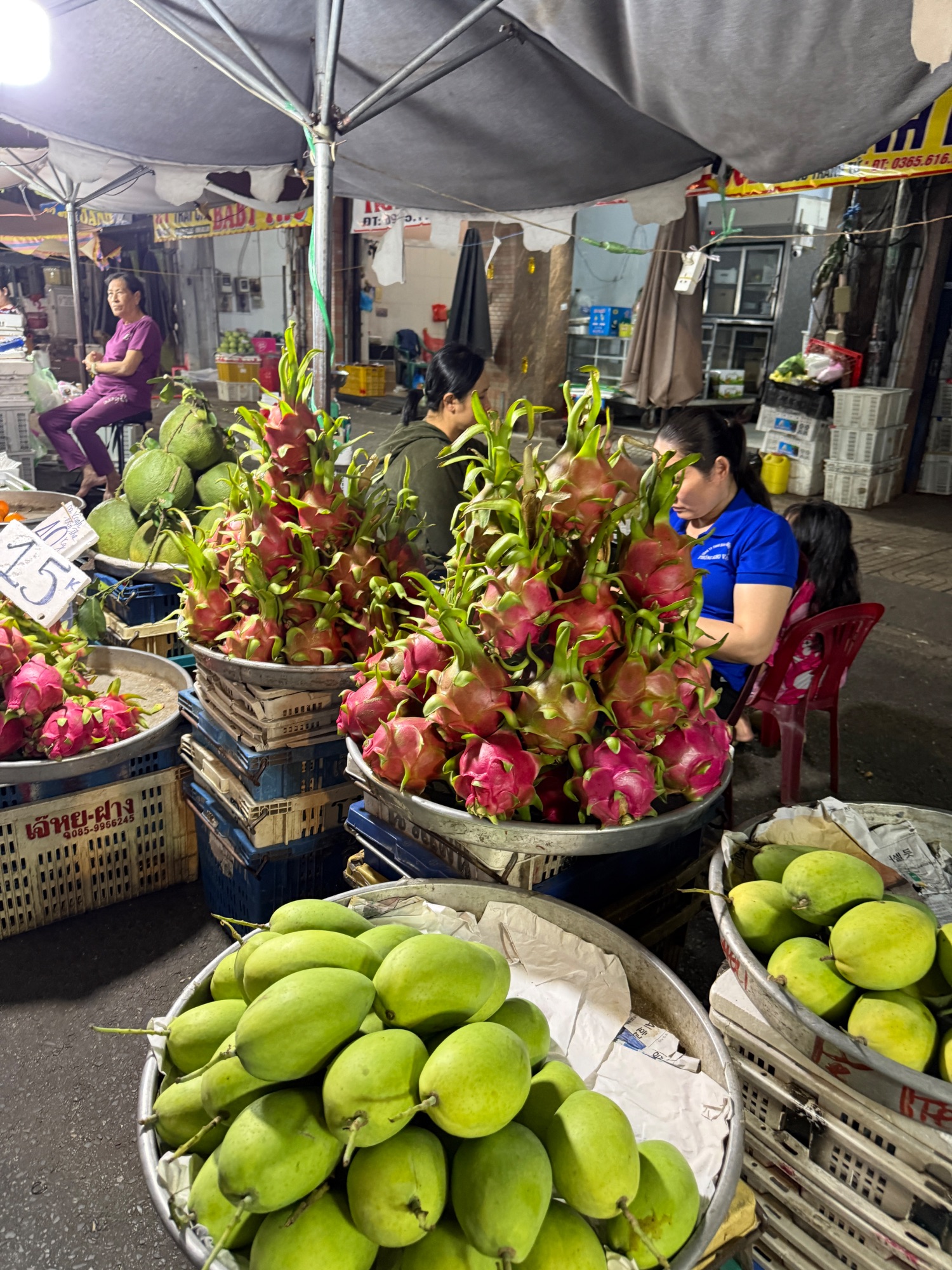 Overhead view of fresh seafood in metal basins and plastic containers at a Vietnamese wet market