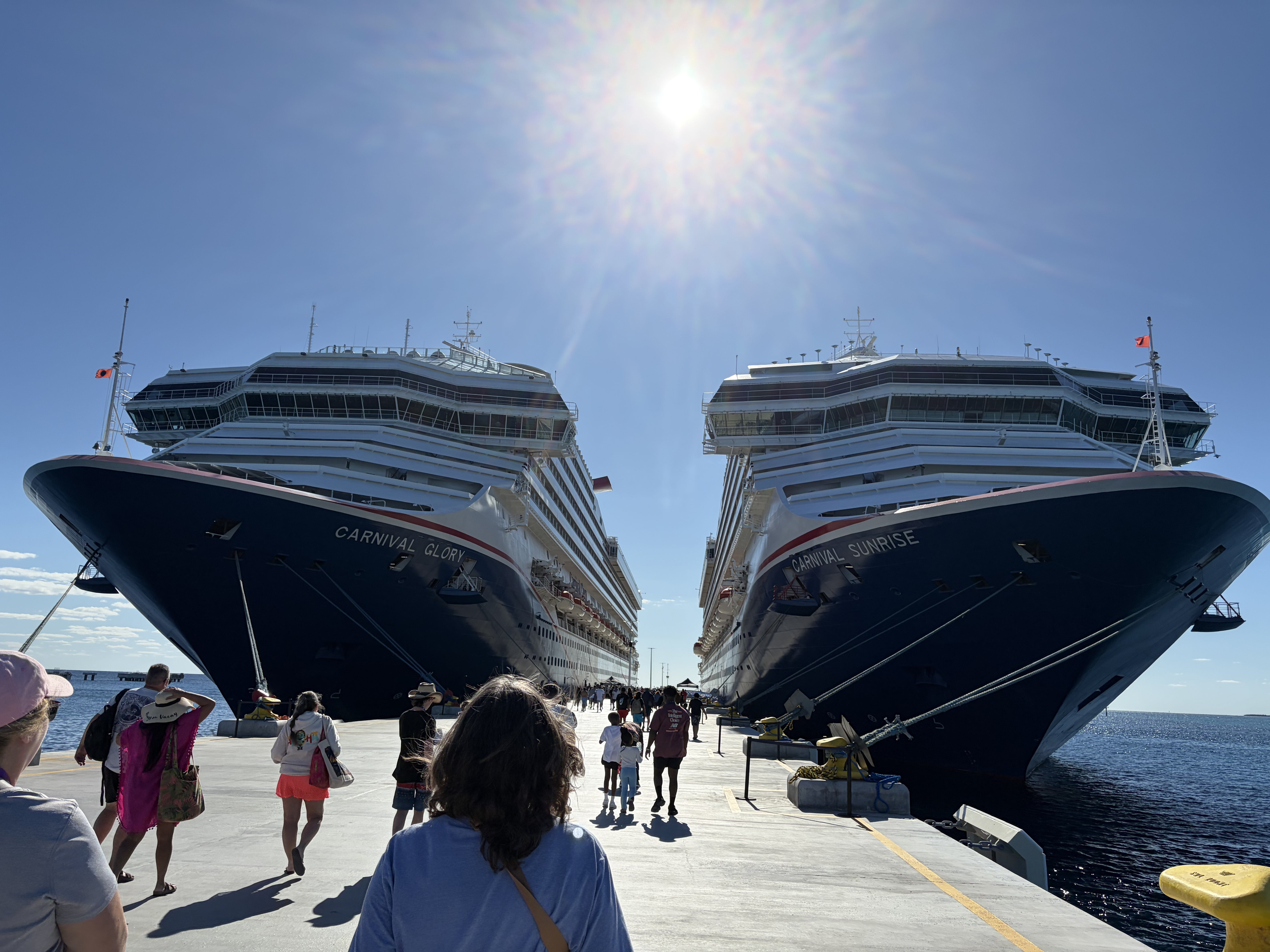 Two large Carnival cruise ships docked side by side at port in bright daylight