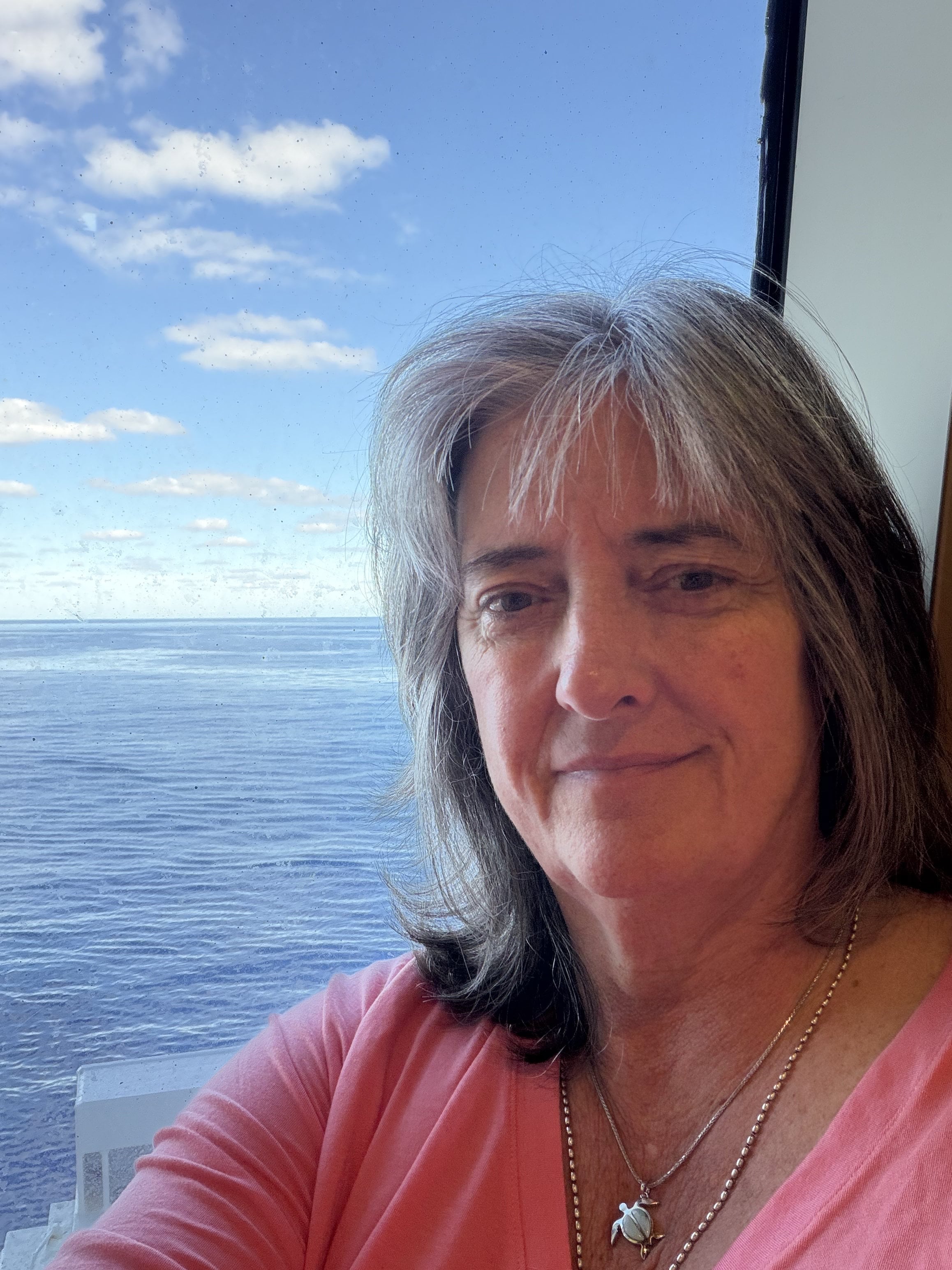 Woman in pink shirt taking selfie on ship balcony with calm blue ocean behind her
